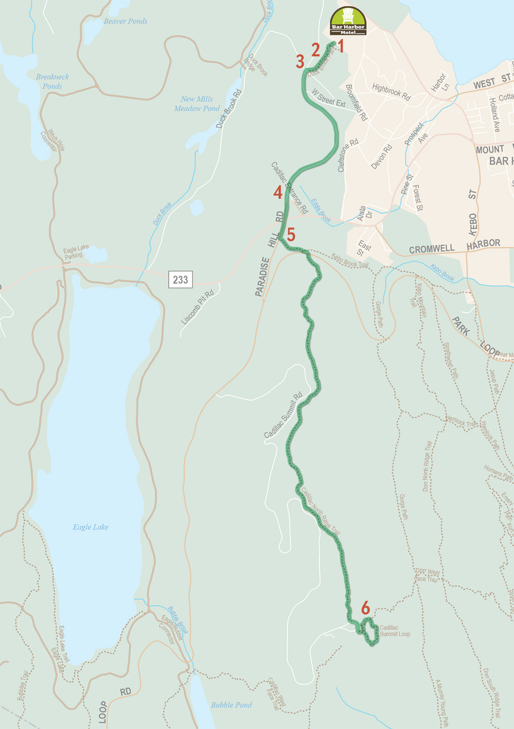 Photo of a map marking the trail from Bar Harbor Motel to Cadillac Mountain Summit
